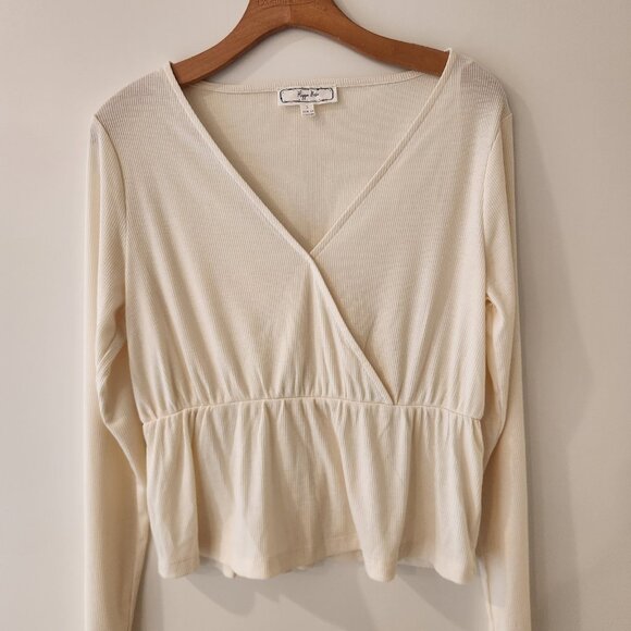 Hippie Rose Surplice V-Neck Top Ribbed Hem Ivory Long Sleeve Juniors Large - Picture 4 of 9